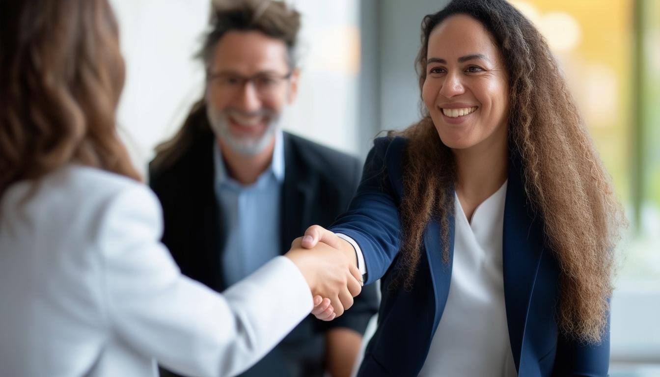 photo of a professional woman shaking a clients hand where I can see both people some diversity