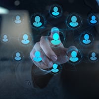 Double exposure of businessman hand points human resources, CRM and social media as concept-1 Double exposure of businessman hand points human resources, CRM and social media as concept-1