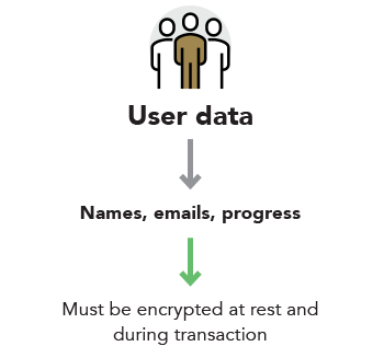 User data — Names, email, progress — Must be encrypted at rest and during transaction